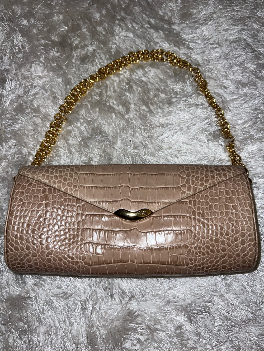 Lauren Ralph Lauren Taupe Croc-Embossed Chain Shoulder Clutch